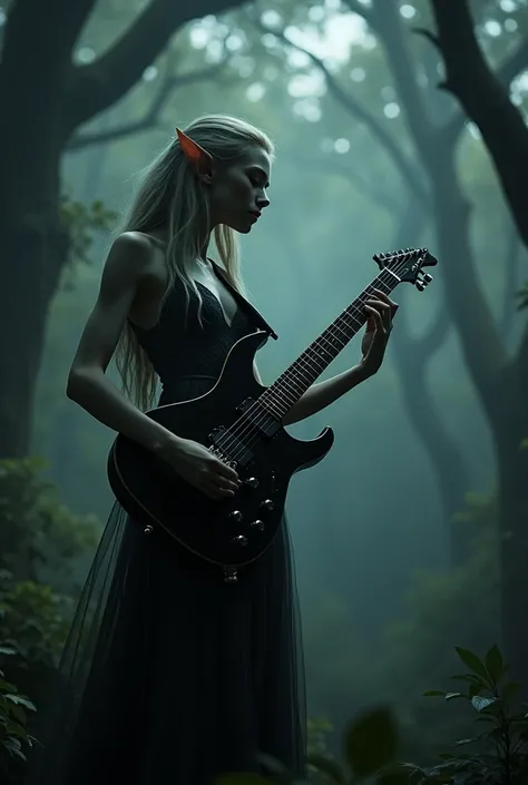 Create an elf art in a dark forest, who sings and plays a black superstrat-shaped electric guitar, I want the electric guitar model Ibanez grg131ex-bkf to be shown 