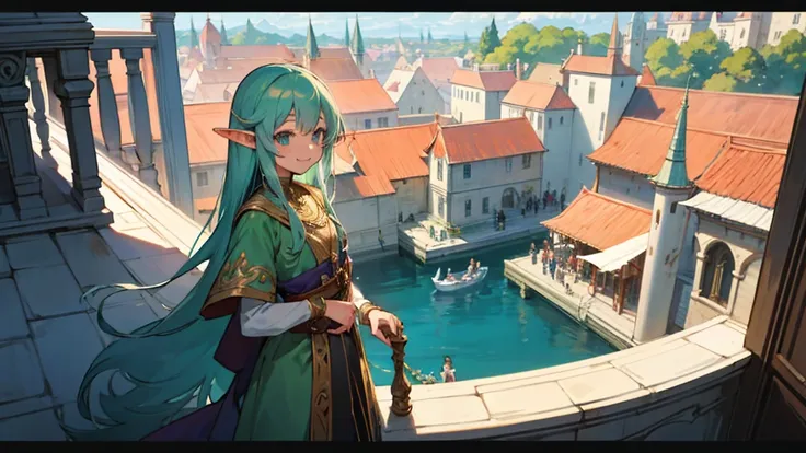 Anime Style,A detailed background with many people,Magical World,People on the balcony,Smiling Bard Elf