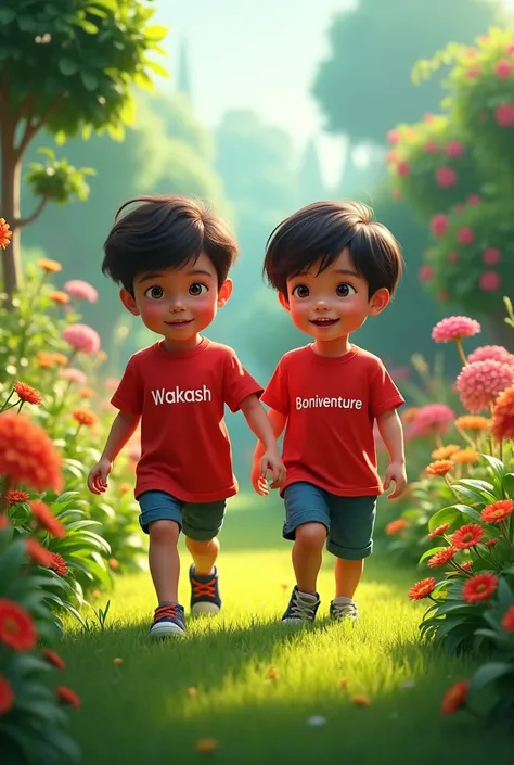   (I need an image of two children where they wear red  T-shirts  written their names which are wakash and boniventure) And they walk on the green garden