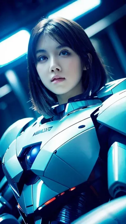 Wide-angle shot, 1 female, Mecha, Glowing blue-black eyes, Very cute face, (Realistic:1.37), バイオMechaニカル, Spaceship interior bokeh background, Ultra-realistic, Very detailed, Very intricate details, Beautiful woman in focus