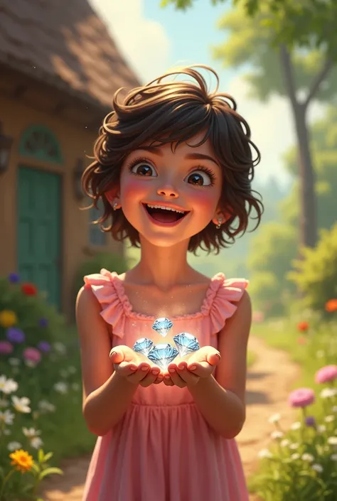 A twelve year old girl who has short hair and wears a pink dress holding 3 diamonds with cottage background. She looks so happy