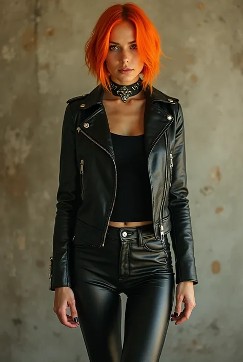 Flat aesthetic, lustful suffering ,obsessed with painful ecstasy, self objectivization, submissive diva, tortured by painful ecstasy,trousers: rivets studded vinyl,blouse, skinny leather jacket, Leather collar with spikes, orgasm, bob haircut,orange hair, ...