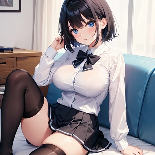 (Highest quality、masterpiece), mini skirt, high school girl, Shirt blouse, Black thigh-high socks, Large Breasts, Black Hair, short hair, Kind Face, A very strong temptation,  Light blue eyes