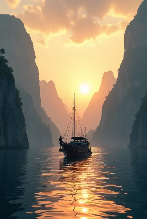 A serene scene of a big boat floating in the sea, with towering rocks and mountains in the background. The sun is setting on the horizon, casting a warm golden glow across the water. The peaceful atmosphere is emphasized by the calm waves and soft colors o...