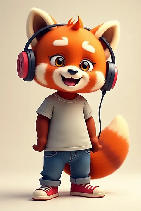 I want to make a mascot for a musical performance, you can make me a two-dimensional animation mascot of red panda animals listening to music with headphones, with a standing body, with clothes on, face to face, full body, and with a happy expression. (wit...