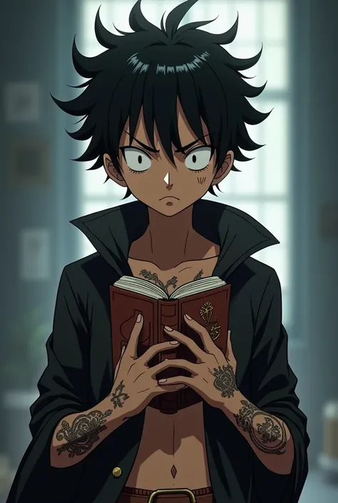 One piece anime design a somewhat dark-skinned boy with tattooed forearms with a book hairstyle with accessories in his hands 