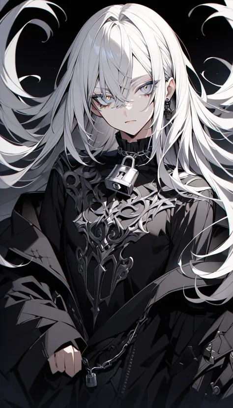 ultra-detailed, Beauty,　Long white hair,　Silver eye, 　Off the Shoulder Gothic, Black clothes, white background, first round, Lock, whole body, mon, male