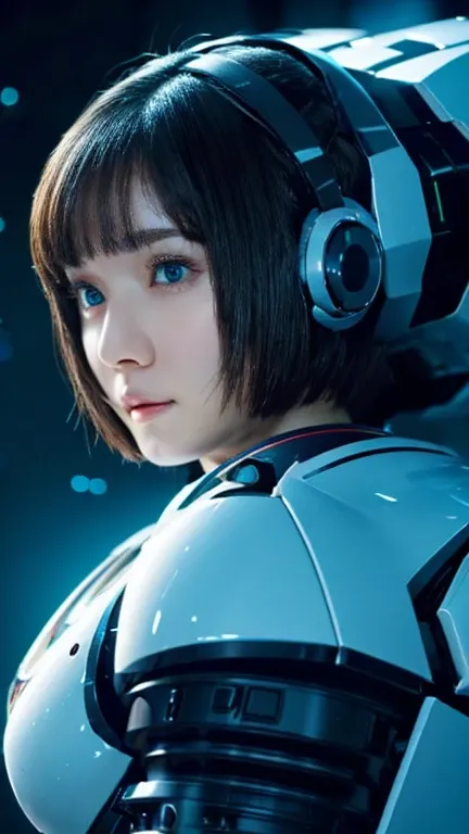 Wide-angle shot, 1 female, Mecha, Glowing blue-black eyes, Very cute face, (Realistic:1.37), バイオMechaニカル, Spaceship interior bokeh background, Ultra-realistic, Very detailed, Very intricate details, Beautiful woman in focus