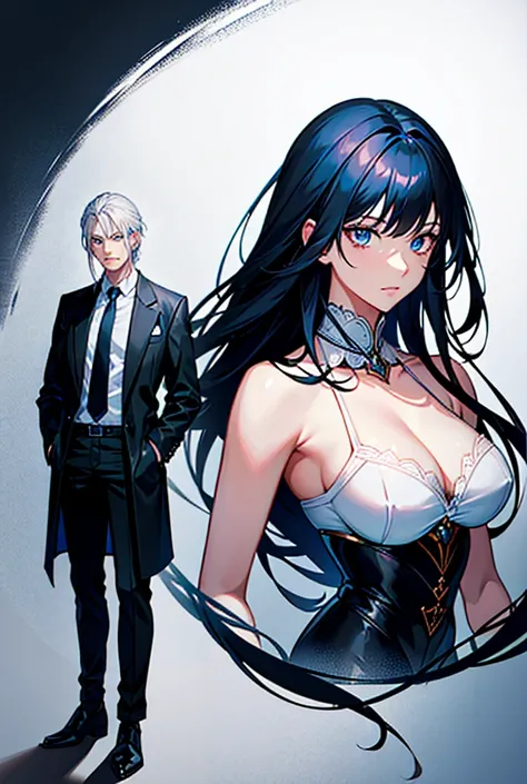 A black-haired woman with blue eyes standing with a white-haired man. High Resolution, Masterpiece, Anatomically Correct, Best Quality, High Details, Anime Style, 