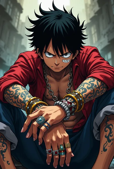 One piece anime design of a somewhat dark-skinned boy with tattooed forearms of chains with dark messy hair with bracelets and rings on his fingers
