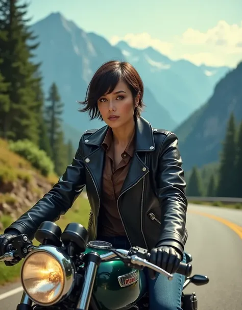 Realistic , beautiful woman 3 pixie cut dark brown hair , face details hd, gloves, wearing leather jacket riding on honda cb400, road, trees and mountains on the background, green atmosphere 