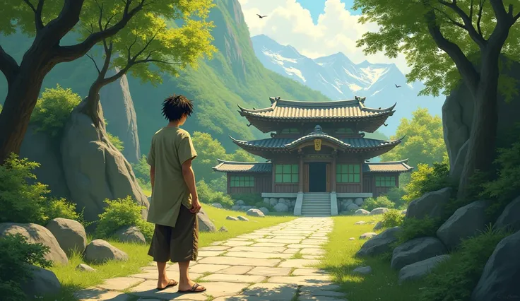 "Create a wide, digital painting in a serene, nature-filled setting. The scene shows Hiro, a young man in his early 20s, wearing a simple, old American tunic, standing at the entrance of a peaceful mountain temple. The temple is surrounded by soft greenery...