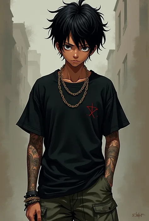 One piece anime design of a somewhat dark-skinned boy with tattooed forearms of chains with dark messy hair with bracelets and rings on his fingers with a black t-shirt and cargo pants 
