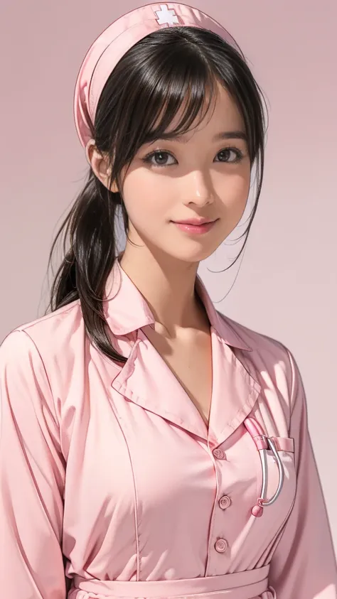 :1.3, A nurse smiling gently, Light pink nurse uniform with collar, Watching us with a stethoscope, Look Up, cute, The real picture, Black Hair, Hair tied behind the head, Big eyes, To the hospital