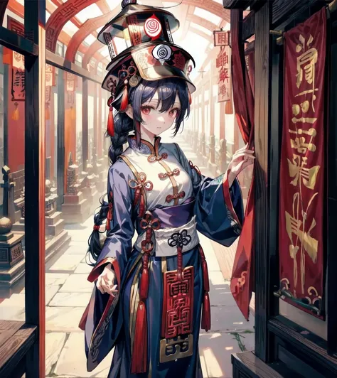 indoor, cemetery, dress, braid, chinese clothes, headwear, ofuda, jiangshi, qing guanmao,