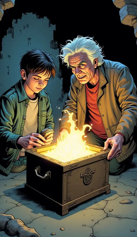 Panel 2: (Marty and Doc find an ancient item that caused the problem. Its a relic box with a strange item inside.)

Marty: "Here it is! This box is what caused the change. We need to return it to its original place."

Doc Brown: "That should fix the timeli...