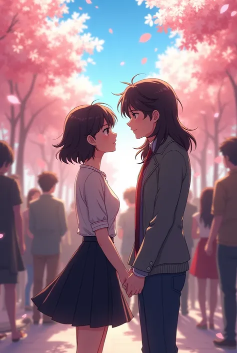 A young lady dressed in black with a skirt and a panitue underneath with short dark brown hair and a young man with long hair meet on an unplanned date in the middle of a lot of people, anime version