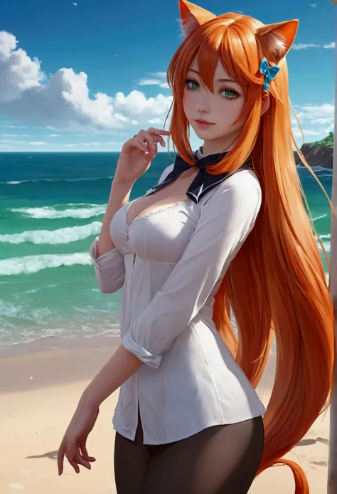 anime girl with long orange hair standing on beach near ocean, green eyes detailed digital anime art, cat ears, , anime girl with long hair, smooth anime cg art, anime girl with long hair, average breast size, digital anime art, artwork in the style of guw...