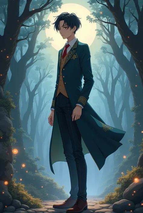  the cover for a story. Setting: a magical world - character: a slender young man in a magical school uniform - colors: muted - title: Illusory World of Fate. theme: ANIME