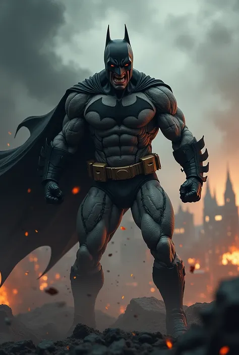 Muscular Batman in black uniform torn and gnashing teeth in anger under a strong storm and wind in the background a city on fire 