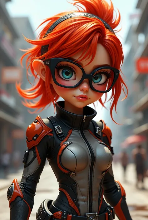 A woman with red hair, 1 meter tall,83 .  , with prescription glasses and motorcycle clothing 