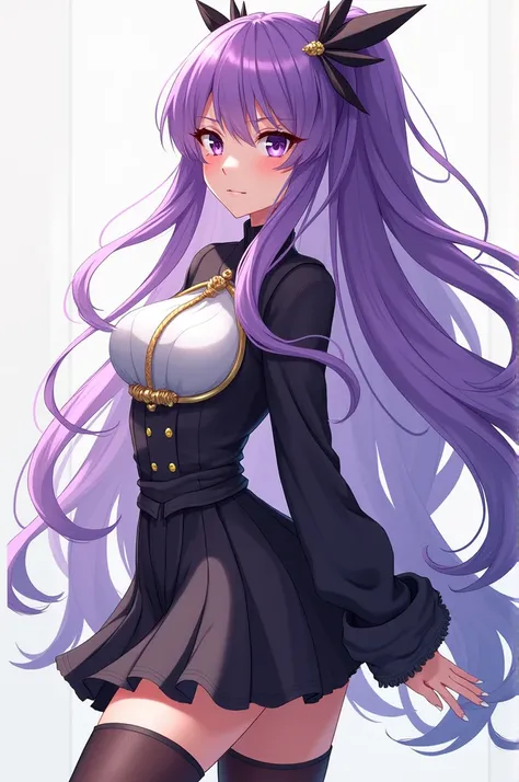 Create a picture of a beautiful long purple haired anime wearing an elegant bracelet skirt and sharp eyes