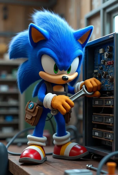 Sonic performing maintenance work, with a mechanic&#39;s outfit , and a wrench in hand , dressed as a mechanic fixing a computer 