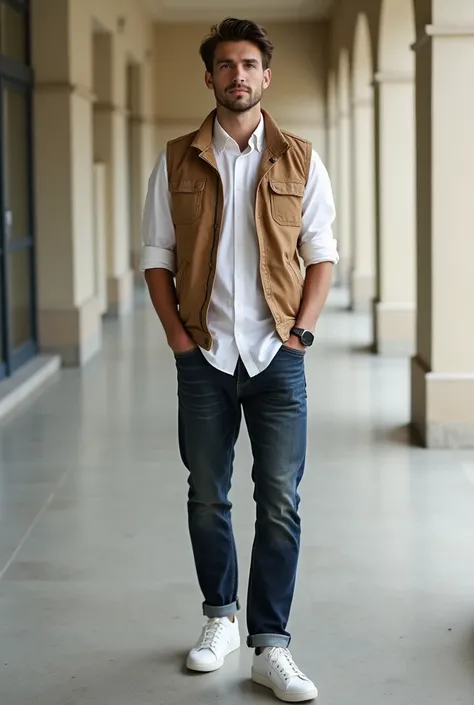 a man wearing vest light brown open buttons, wearing white shirt and wearing dark denim mom jeans and white shoes