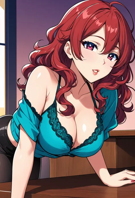 score_9, score_8, score_7_up, anime style vibrant scene of a sexy seductive woman leaning over a table, biting her lip, exposing her cleavage. She is wearing a low cut top with seductive wavy hair, intricate eye details 