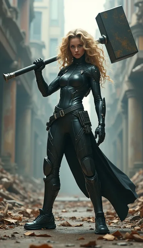 a strong woman lifted a giant hammer, she wearing a ninja cyberpunk suit, dark blonde curly hair, babyface, background in the lost city. 4K, 3D picture