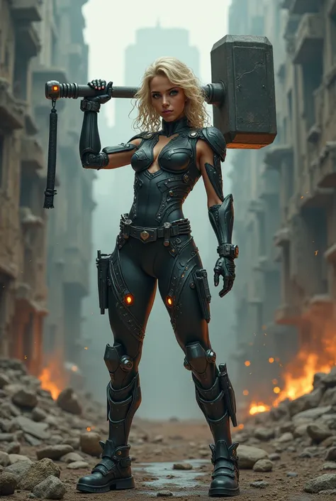 a strong woman lifted a giant hammer, she wearing a ninja cyberpunk suit, dark blonde curly hair, babyface, background in the lost city. 4K, 3D picture