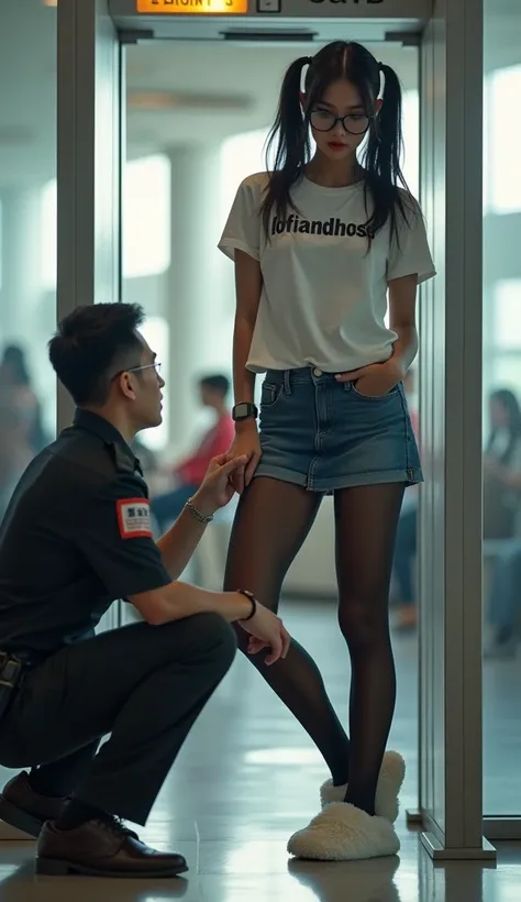 show entire body, feet in view. An Asian supermodel with pigtails and glasses. Big breasts. She is wearing a "lofiandhose" t-shirt, a short denim skirt, and sheer black pantyhose and house slippers. She’s at an airport security metal detector, a male secur...