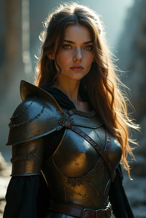 a woman in blue armour, long light brown hair, highly detailed face, beautiful eyes, random poses, sharp facial features, epic fantasy, cinematic lighting, dramatic pose, volumetric fog, atmospheric, cinematic composition, (best quality,4k,8k,highres,maste...