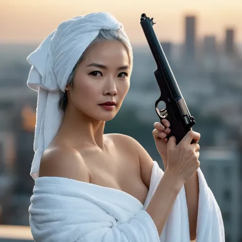 cinematic film still of bright light, bright, a middle aged sexy gray haired still very young looking Asian woman wearing only a white towel on her head and she is wearing only a pantie holding a gun in her hands pointing it in front of her full body view ...