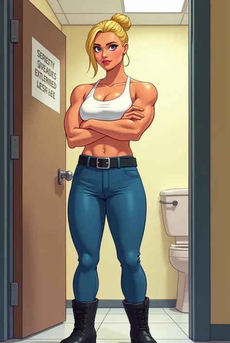 A tall, buff female cartoon character that has blonde hair tied in a bun, wearing a white tank top tucked into blue jeans with a black colored belt, and black boots waiting for the bathroom