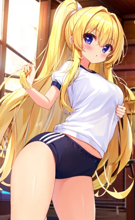 Beautiful long blonde　Cowboy Shot　black buruma　White gym clothes　Small breasts