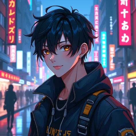 Masterpiece, highest quality, 8k, cyberpunk edgerunner style parody, anime style art,handsome japanese man, super detailed, Beautiful face, black short hair, detailed small black eyes, cyberpunk futuristic cloth and ware, cyberpunk city, cyberpunk skyscrap...