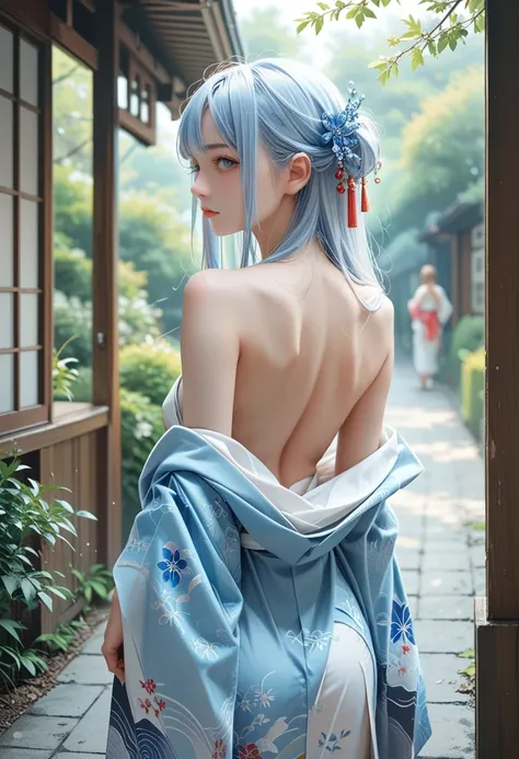 anime high school girl, wear a sexy kimono, short kimono, bare hands, bare back, bare shoulder, to walk, long hair, light blue h...