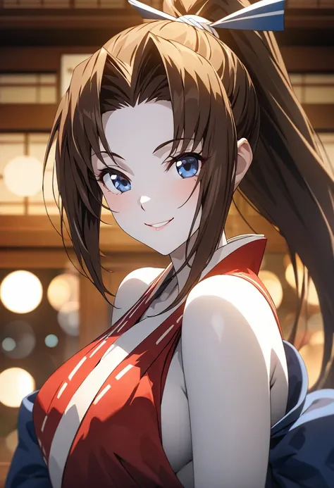 ((upper body、mai shiranui,ponytail,background is a japanese-style room in a japanese house:1.3)),upper body, looking at the audi...