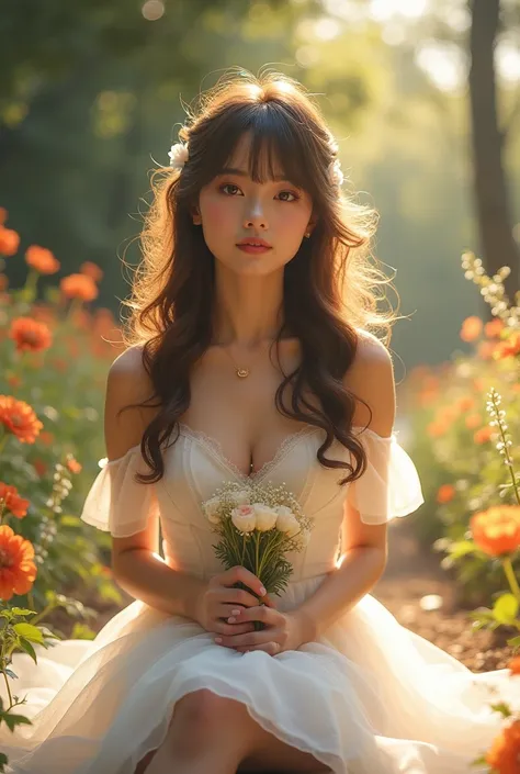 Best Quality, Masterpiece, Beautiful young woman with wavy long hair, Hairstyle with bangs, Wedding dress, ((Age20)), see-through, Round face, Glowing lip gloss, Droopy eyes, A clear double, Light reflects in the eyes, Natural makeup, Sunlight filtering th...