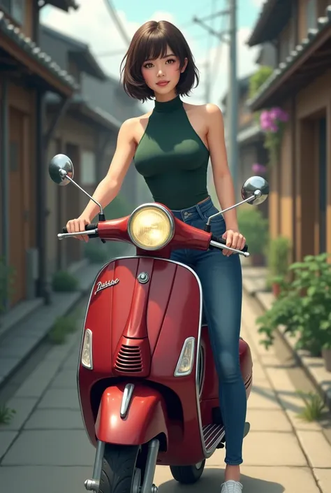 30 year old Beautiful Japanese girl,dark brown and short hair,big breasts,wearing a dark green high neck singlet  t-shirt,skinny blue jeans and white shoes, riding a dark red  clasic scooter、Standing in front of a village streets、Shortcuts、Upper Body、
