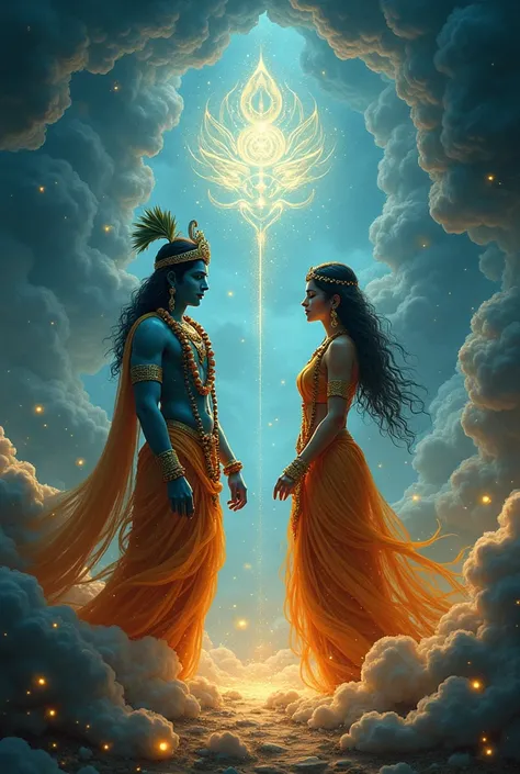 Krishna and Draupadi in a symbolic dream-like scene**, where fate and Dharma are visually represented by swirling clouds or lights.