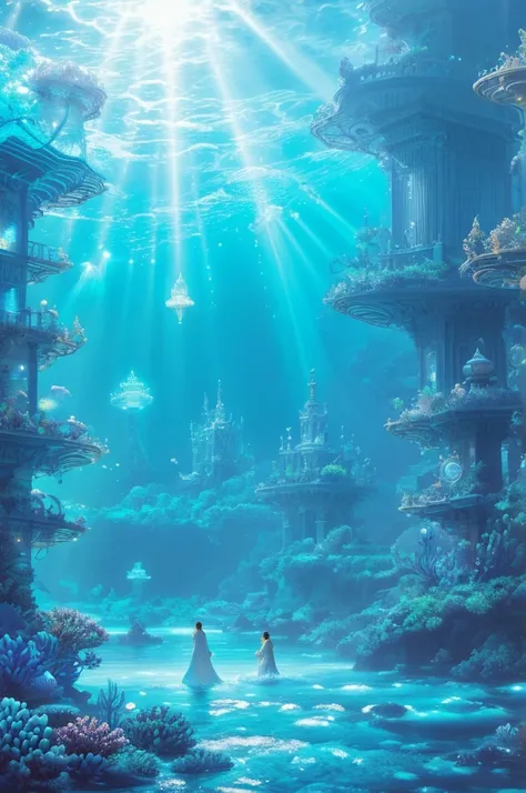 an ancient underwater city bathed in a soft, ethereal glow, surrounded by mythical sea creatures like luminous jellyfish and gra...