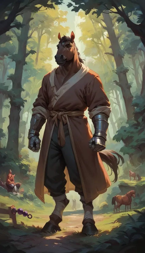 score_9, score_8_up, score_7_up, score_6_up, anthro, humanoid horse, brown robe, gauntlets, pants, monk beads, forest