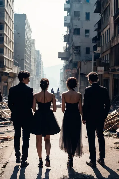 2 women、2 men、high resolution、dress、tuxedo、Ruined City、Standing on the rubble、Backlight、silhouette、Band Jacket、Back view、4 people