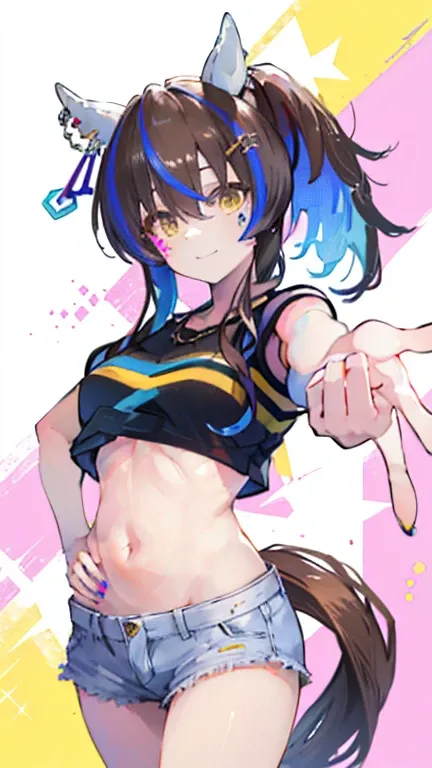 Daitaku Helios (umamusume),(((Showing off your body))),(Beautiful belly), masterpiece, Highest quality, Muscular body, Horse tail,smile, frontage, Long ponytail,