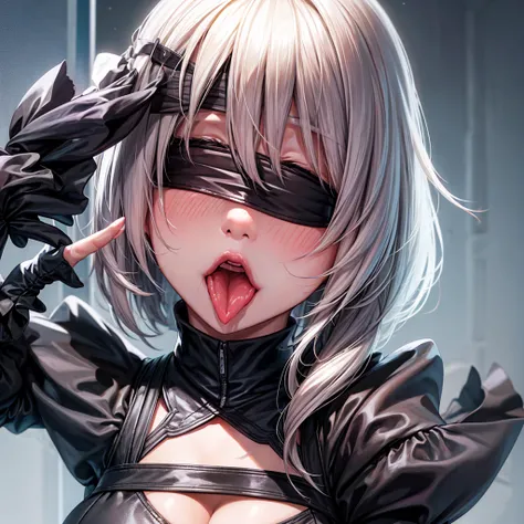 2b, blindfolded girl, one girl, tongue, tongueを出す, tongueを動かす, front, licking the glass, face-centered, focus on your face, glos...