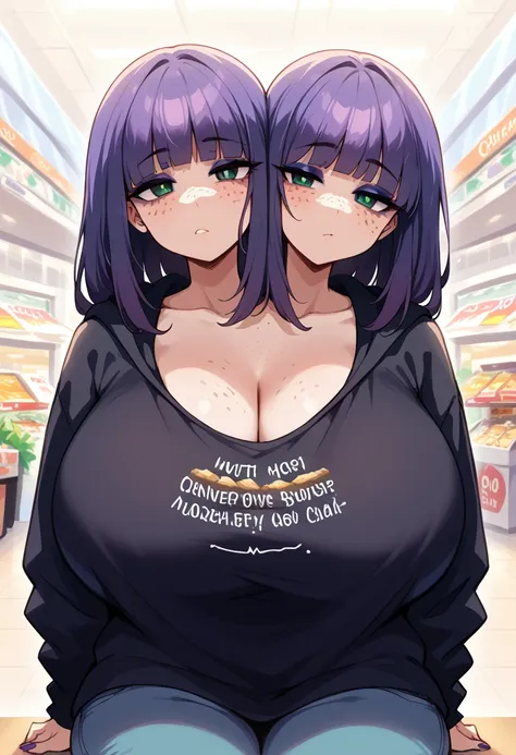 2heads, a tall thick woman with 2 heads. sitting inside a shopping mall food court. sitting at table.woth food. wearing hoodie. ...