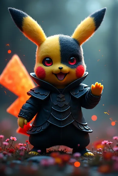 “Design a cute, evil look, dark elemental Pikachu with light armor, keeping its charm but adding a touch of evil. Pikachu’s fur is split into black colors sparking with gentle electricity, while the other is light orange with a faint, warm glow like embers...