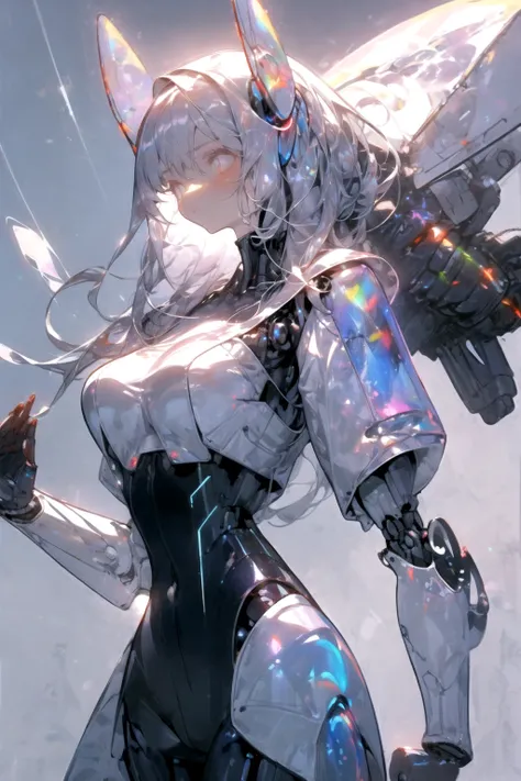 ((Robot Girl, Mecha)), Glowing Eyes, Delicate face, Broken Armor, Mechanical aura, Mechanical arm, Gray Hair, Long Hair, Ceramic body,Large Breasts, Cyber Background, Very nice city, (translucent, Reflex muscles), 8k, Highest quality, Very detailed, (Surre...